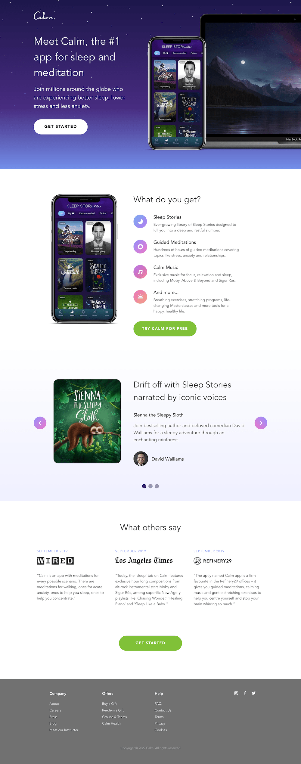 Calm website landing page