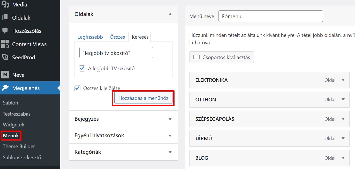 WordpPress menü kialakítása